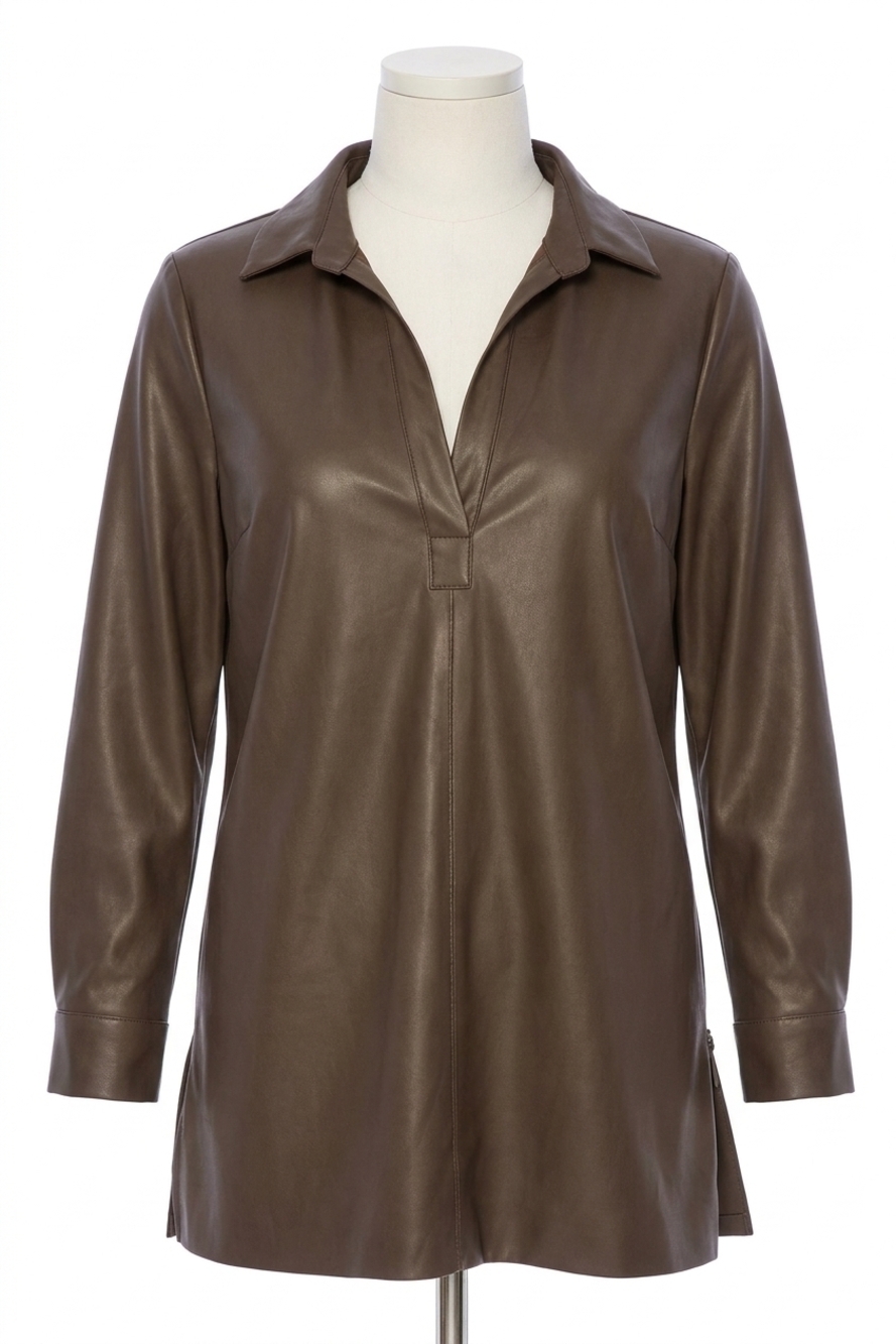 NEW ANGEL APPAREL vegan leather v-neck blouse in taupe
